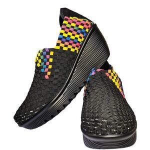 Bernie Mev Gem Black Multi Rainbow Woven Elastic Wedge Sneakers Size 40 New NWB